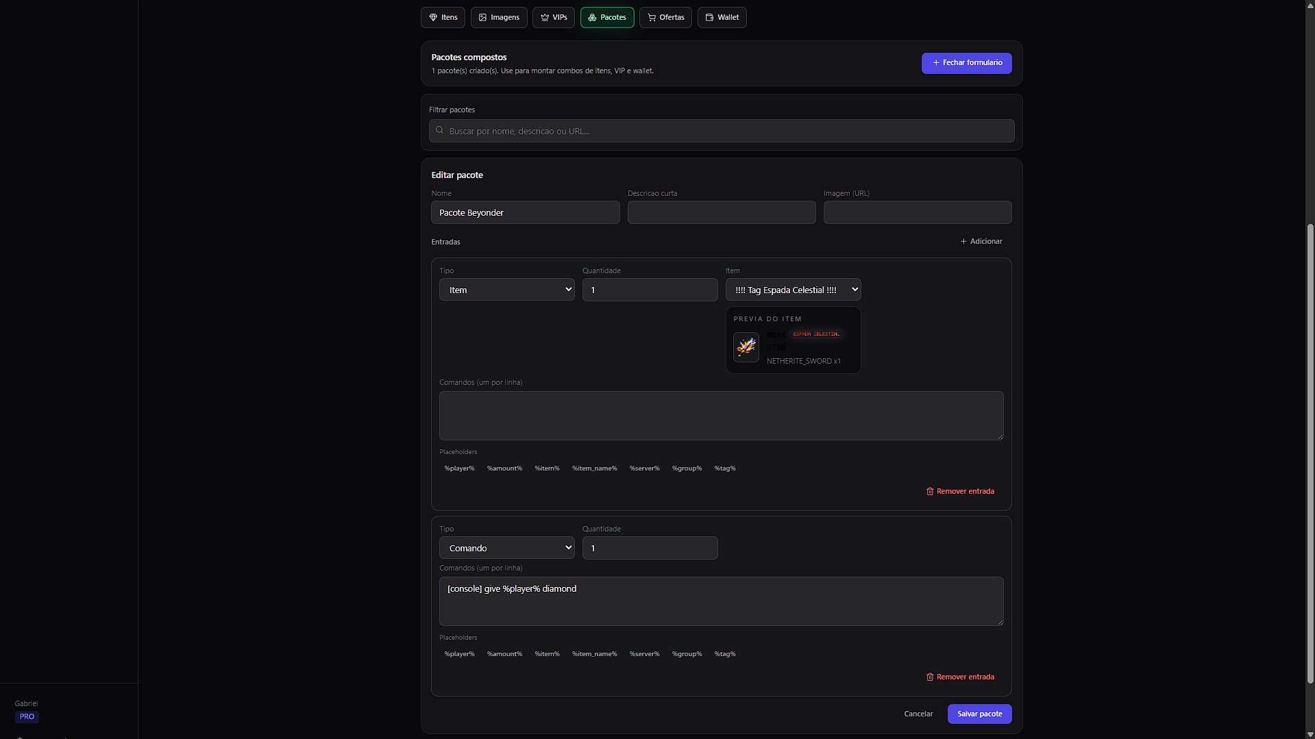 Tela de criação de pacote composto